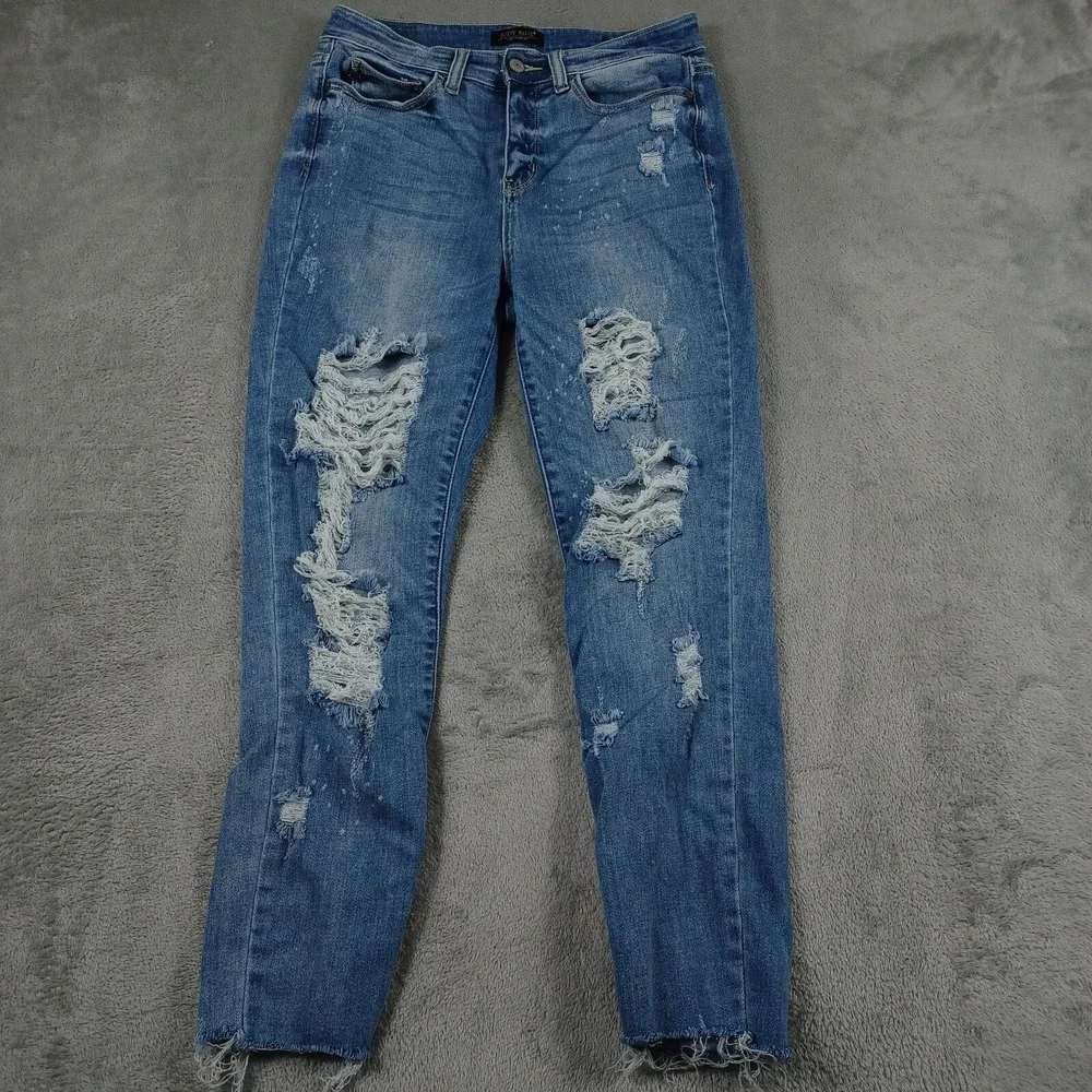 Judy Blue‎ Jeans Womens 28 Blue Denim Skinny Button Fly Frayed Preppy Stretch